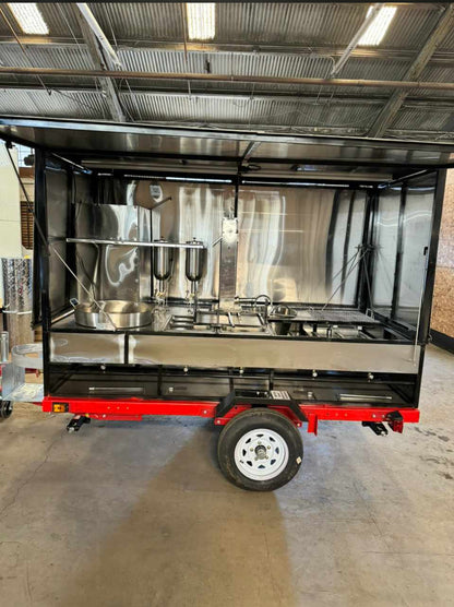 Multifunctional cooking trailer with roof and side metal covers