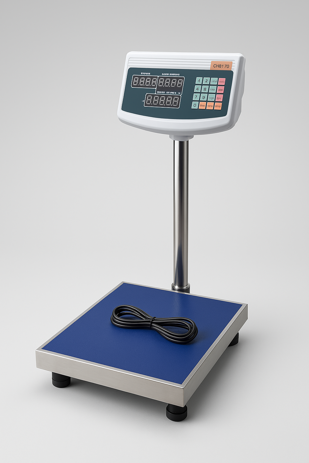 Digital scale with a blue platform, silver metal stand, white control panel housing,